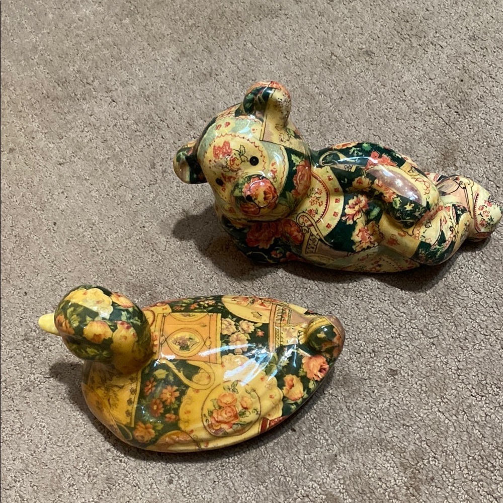 Vintage Floral Patterned Bear and Duck Figurines